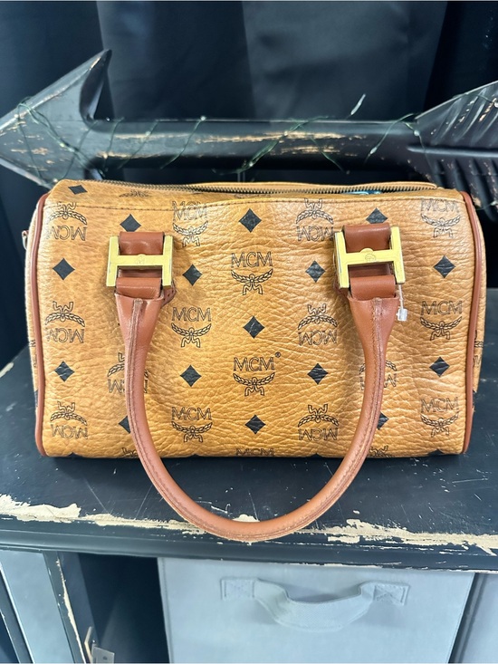 MCM Handbags - MCM Cognac Coated Canvas Monogram Satchel with Gold Hardware